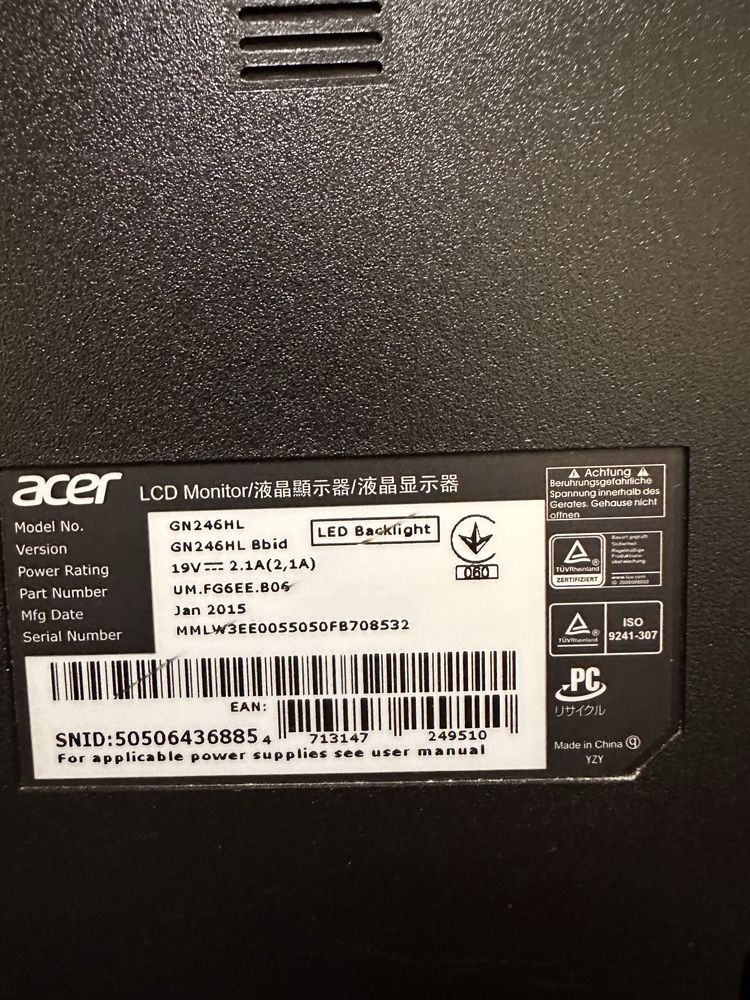 Acer Gaming monitor 144hz 1ms