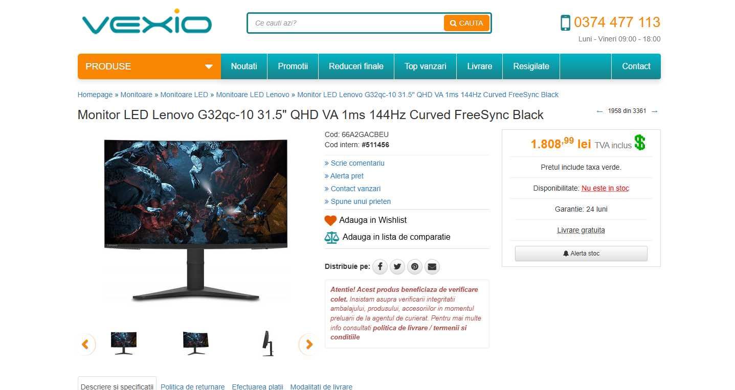 Monitor Gaming  Lenovo 31.5", Curved, 144hz