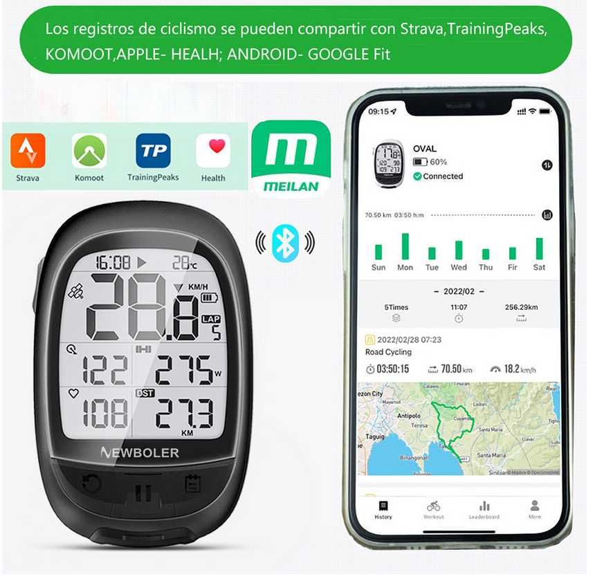 Ciclocomputer cu GPS (Meilan) Newboler M2, Smart GPS bicicleta, oval