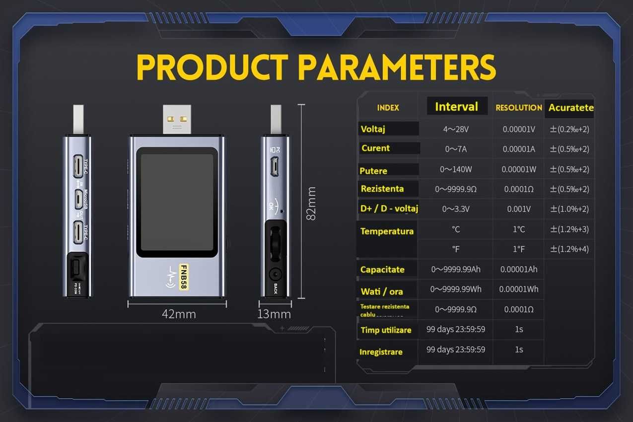 Tester USB  Fnirsi FNB58 E-marker test rezistenta capacitate Bluetooth