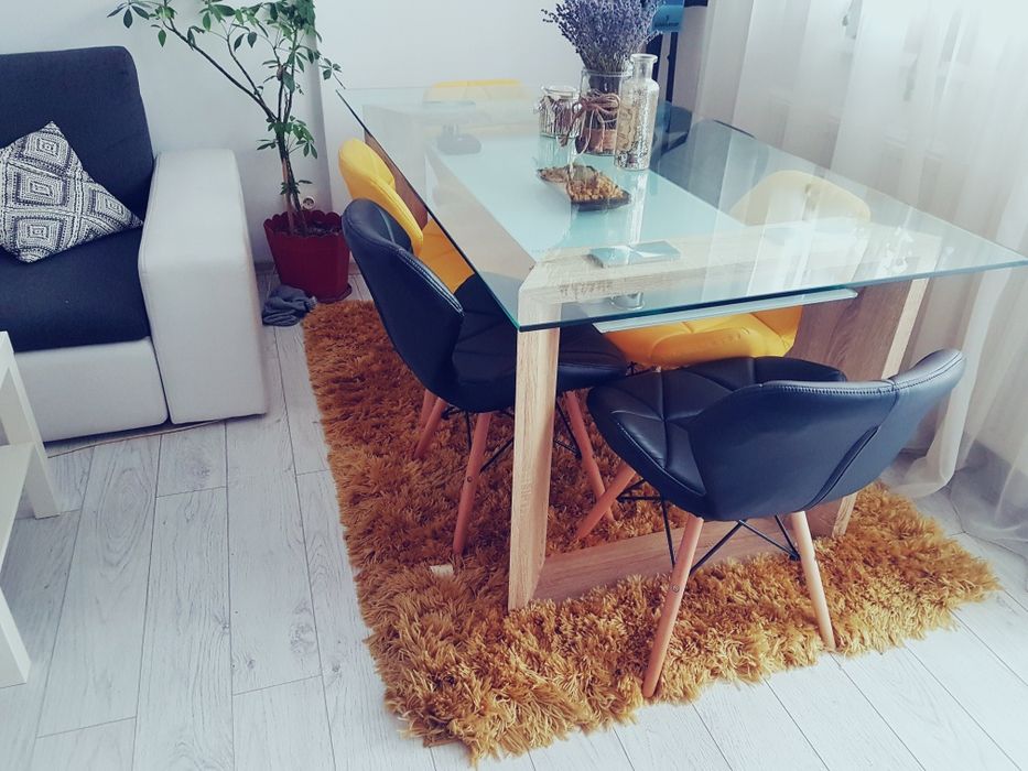 Set Masa din furnir, MDF si sticla Herbert + 6 scaune