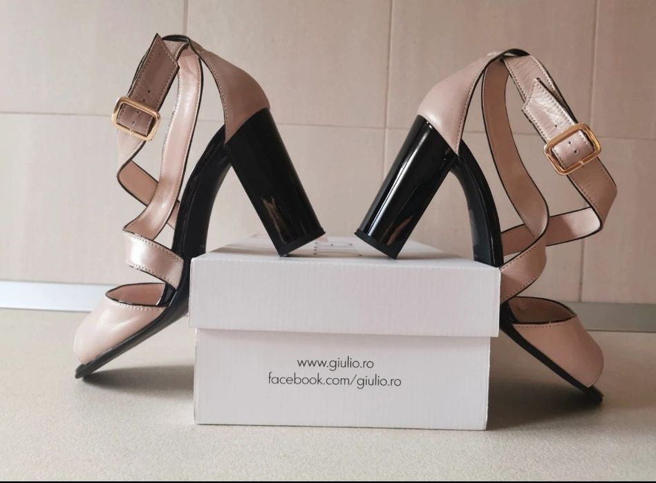 Sandale GIULIO crem /bej/ nude + negru piele naturala