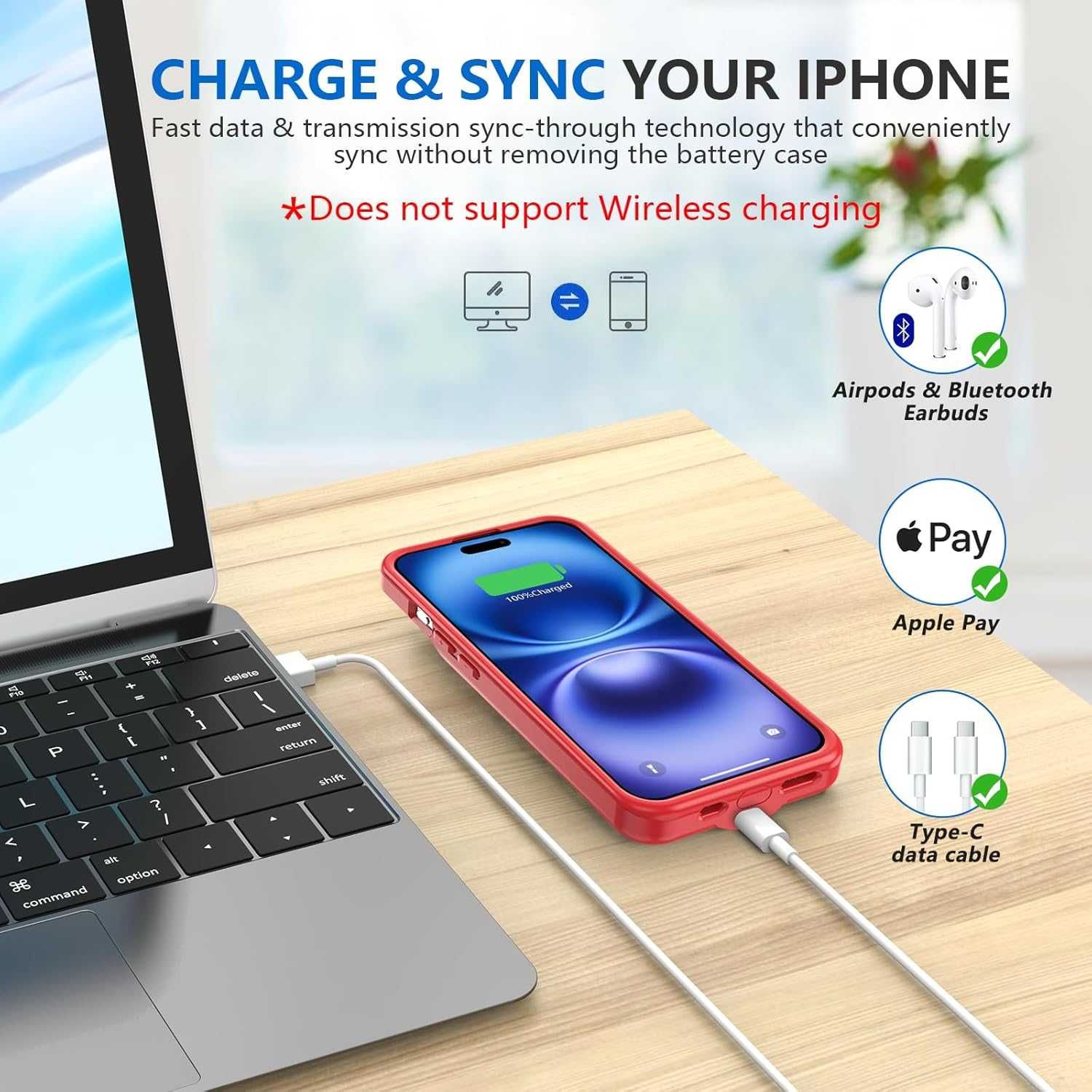 Калъф с батерия BOPPS за iPhone 16-6,1 инча, 15 W, 8500 mAh - червен