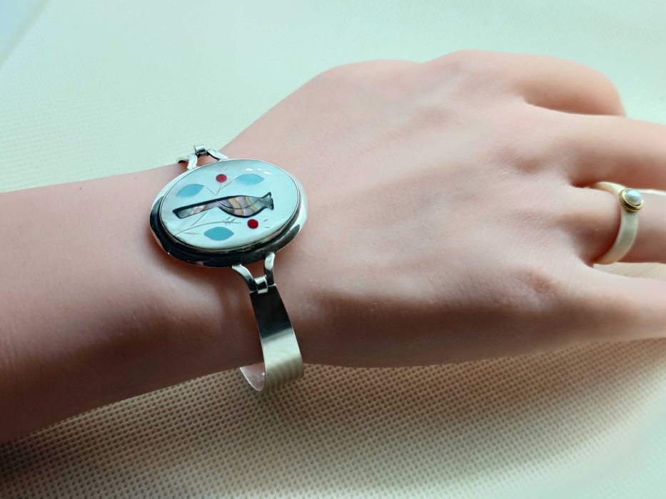 Brățară superbă din argint 900 cu panou inlay din sidef, Zuni