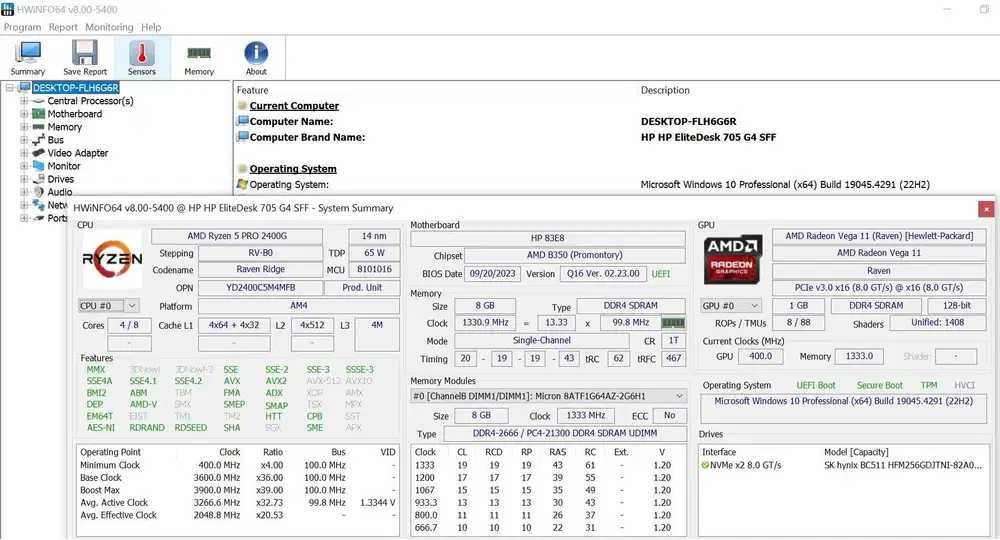 HP EliteDesk 705 G4 SFF Ryzen 2400G 8GB RAM licenta Win10Pro