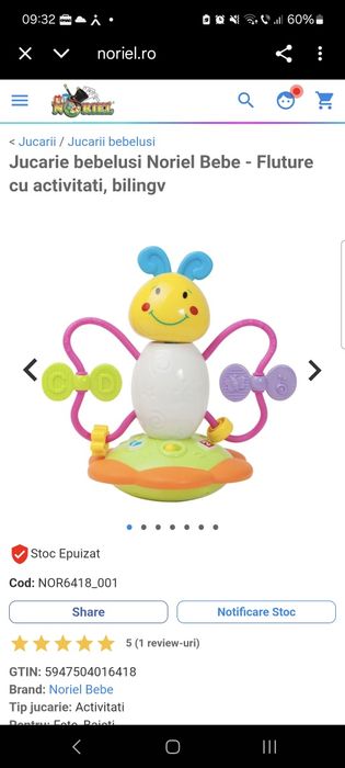 Jucarie bebelusi Noriel Bebe - Fluture cu activitati, bilingv