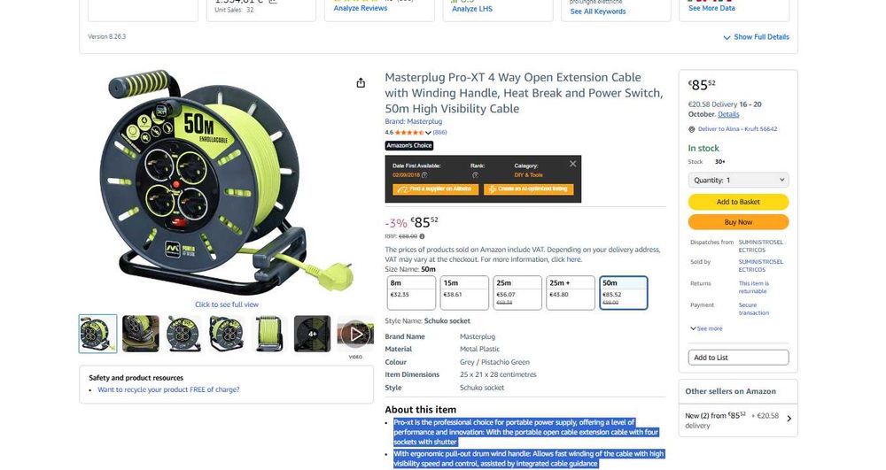 Masterplug Pro-XT Tambur cablu prelungitor 50m, 4pz protecție termică