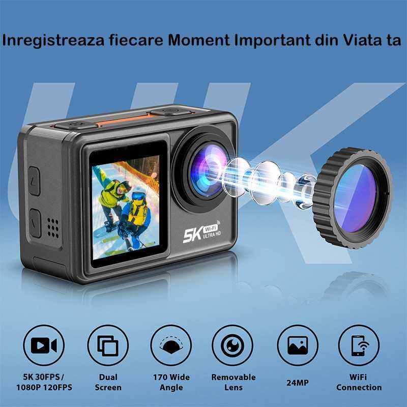 Camera video de actiune sport IARMAC, 5K30FPS,4K60FPS,24MP+Set lentile