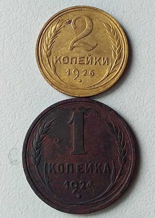 1 копейка 1924 г. и 2 копейки 1926 г. Монеты СССР.