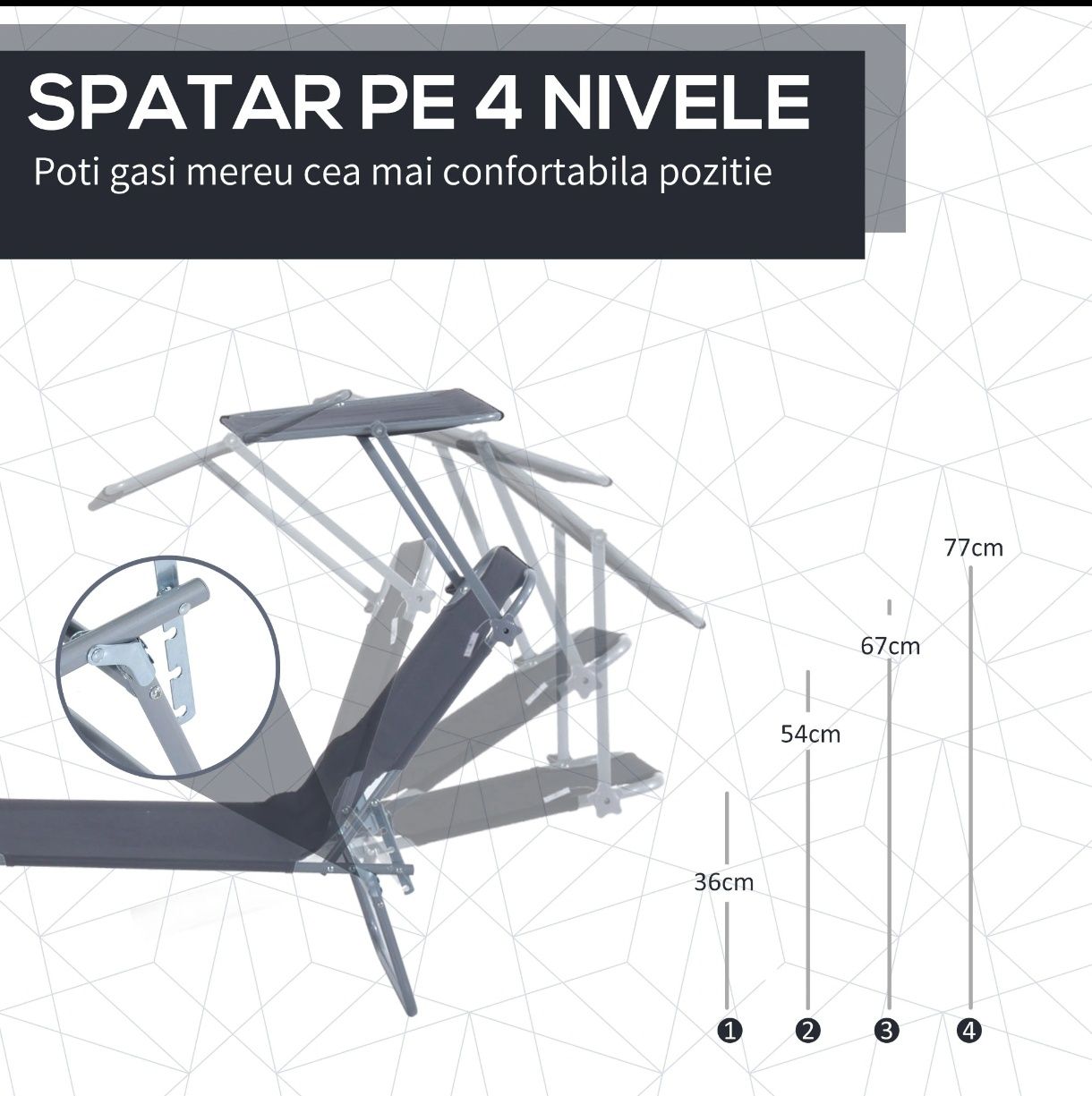 Șezlong pliabil cu parasolar sau cu fereastră pentru lectură