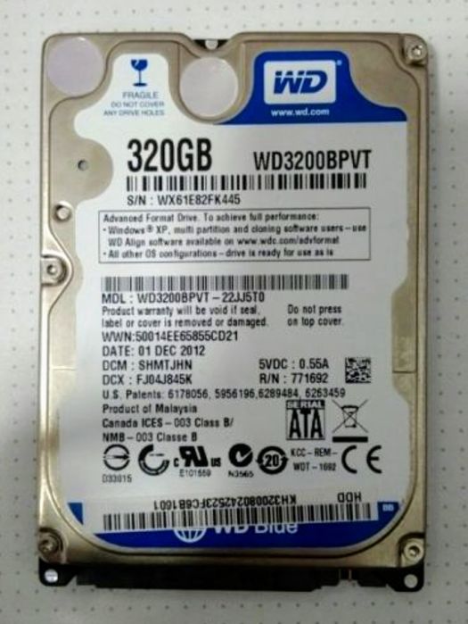 Hard Disk DEFECT WD 320 GB SATA Laptop ( WD3200BPVT - 22JJ5T0 ) HDD