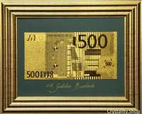Златна банкнота 500 Евро на сив фон в рамка под стъклено покритие