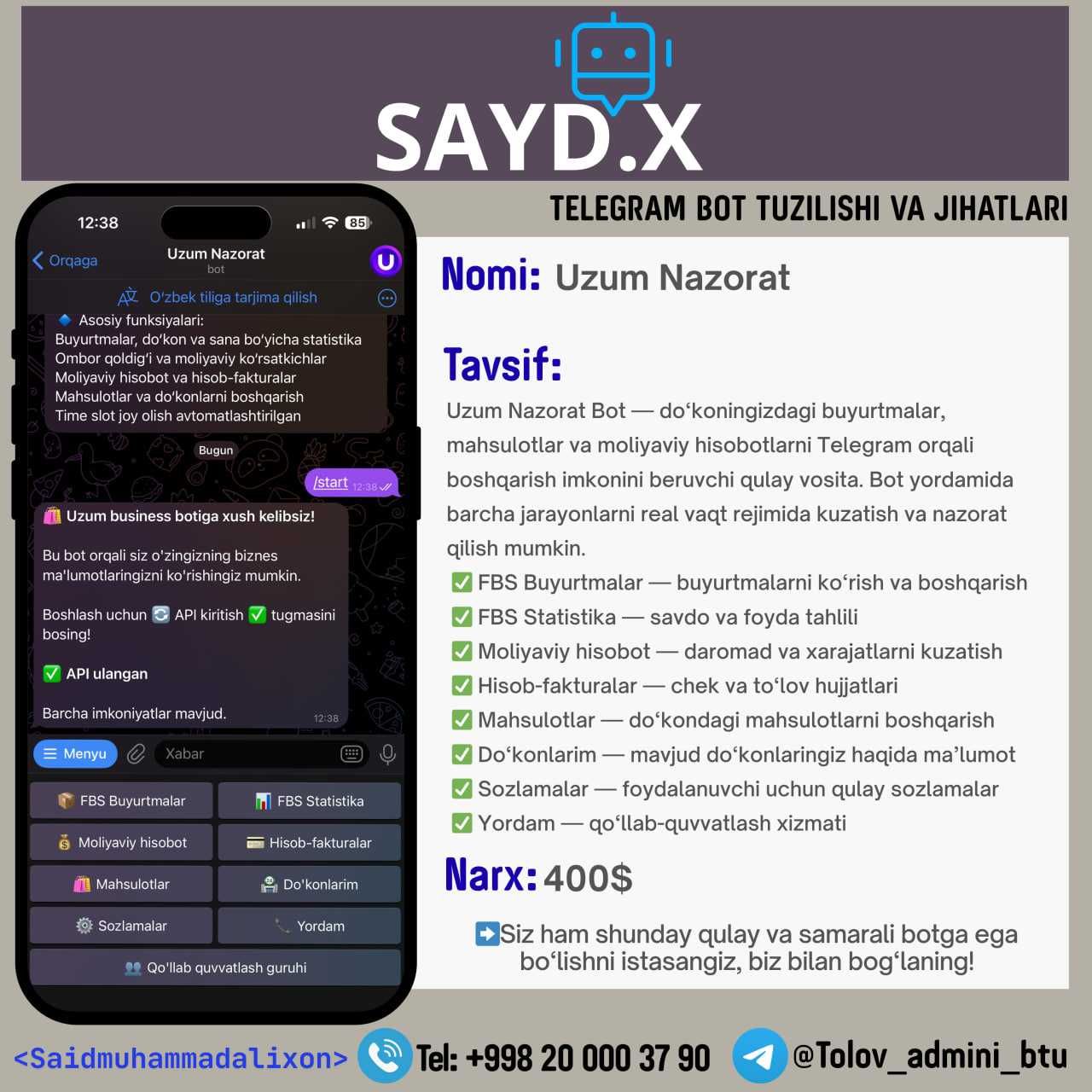 Telegram bot yasash va yaratish, sayt yasash va yaratish