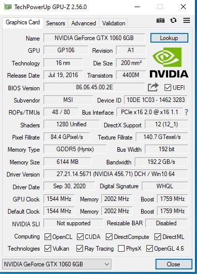 MSI GeForce GTX 1060 6gb OC