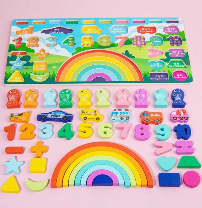 Дървена интерактивна 5 в 1 игра с магнити, дъга, числа, знаци и фигури