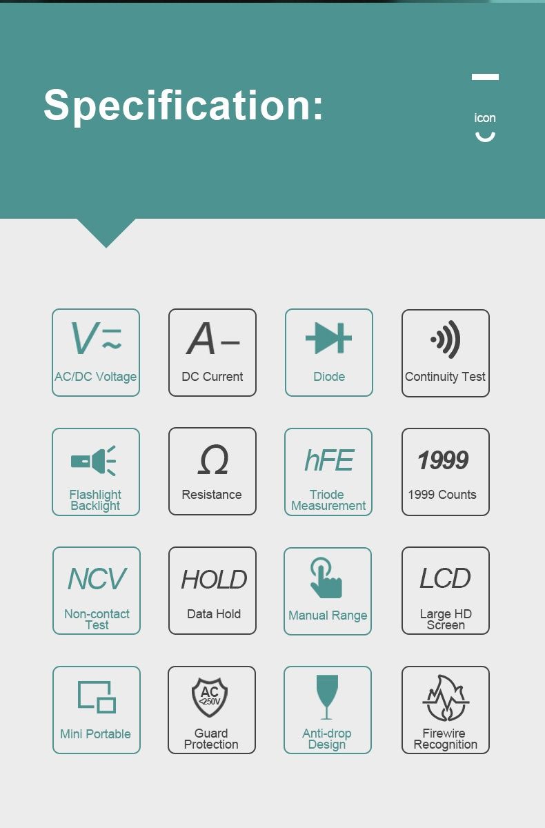 Цифров мултицет Mileseey MC616, NCV,  hFE triode, AC/DC 600V, фенерче