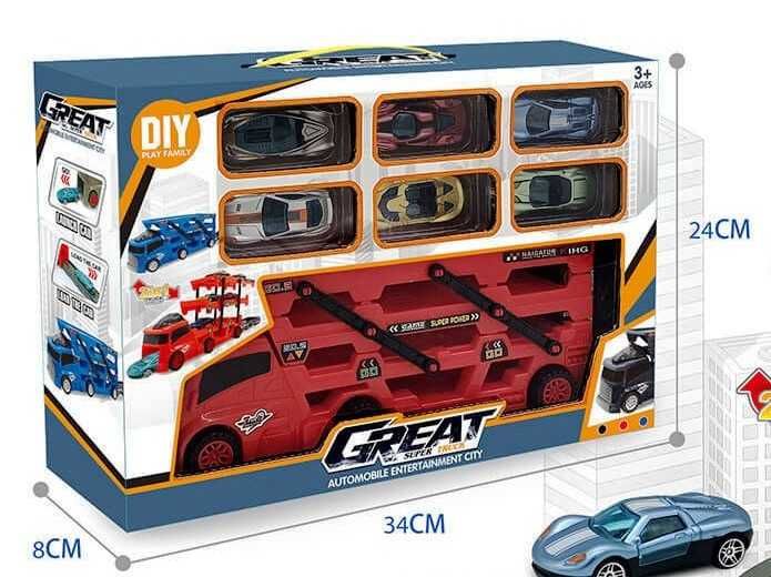 Автовоз 3 нива с 6 коли, камион изстрелващ колички писти камиони