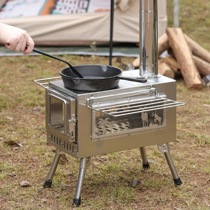 Туристическая походная печь с трубой и складными ножками  удобно