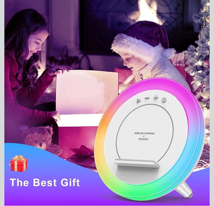 Нощна лампа Bluetooth високоговорител със светлина, безжично зарядно,