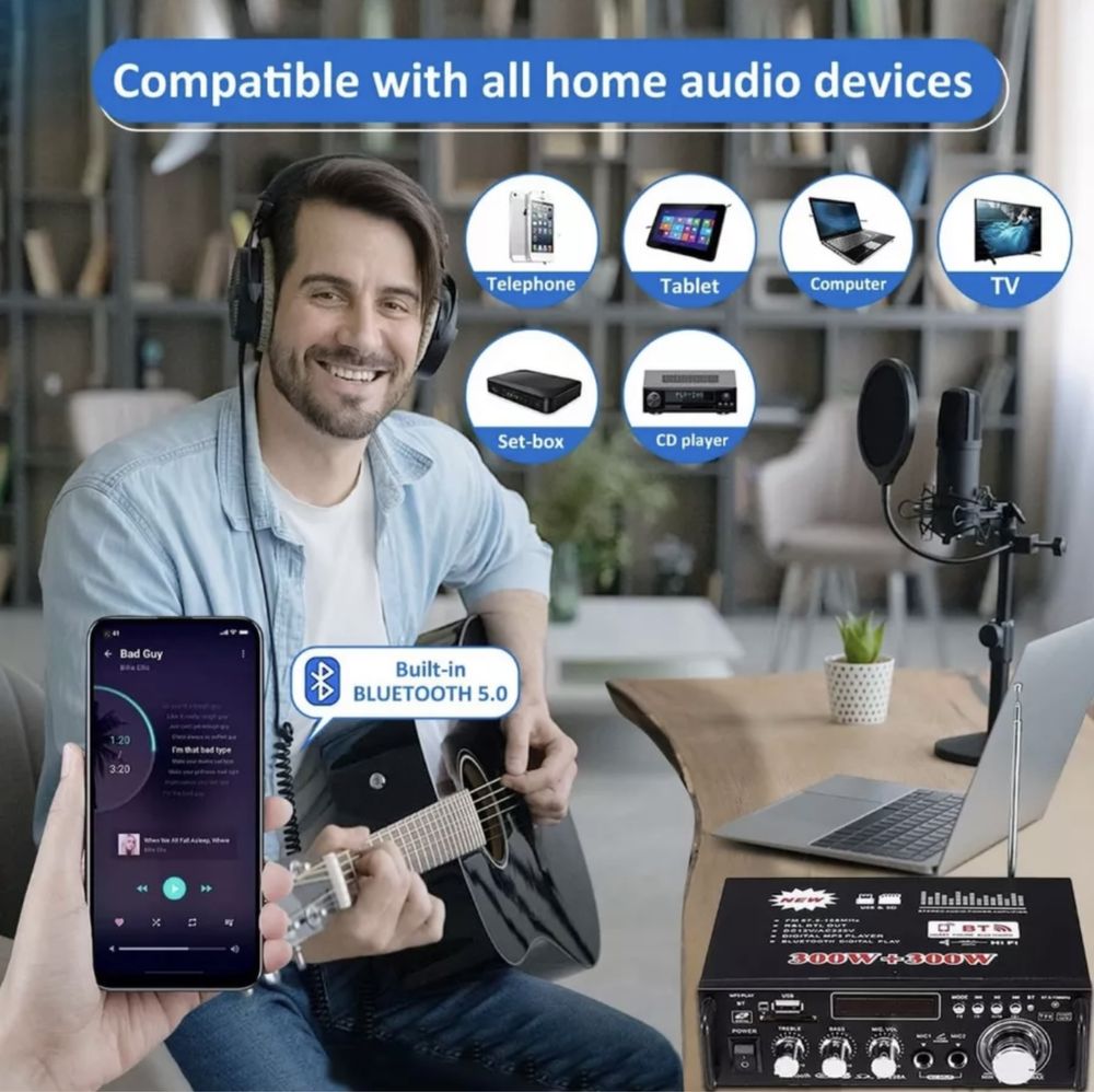 Bluetooth 5.0 hifi усилитель с радио и микрофоном