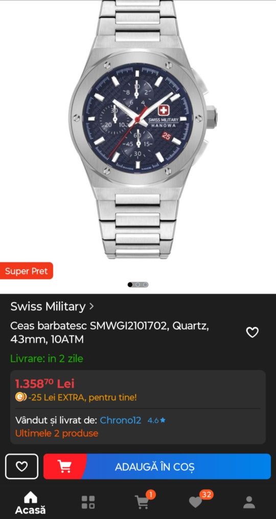 Vând ceas Swiss Military Hanowa
