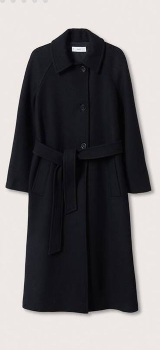 Черно палто с колан, вълна от Манго/Мango L размер