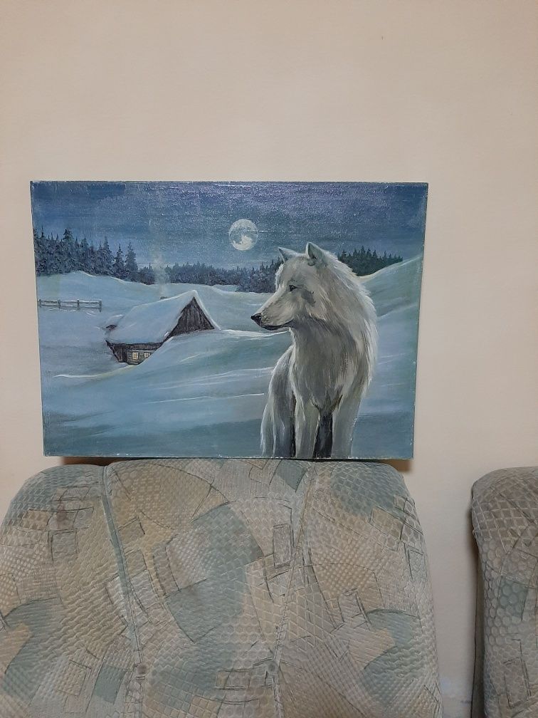 Картина"Белый волк" и поделка из берёзы " орёл"