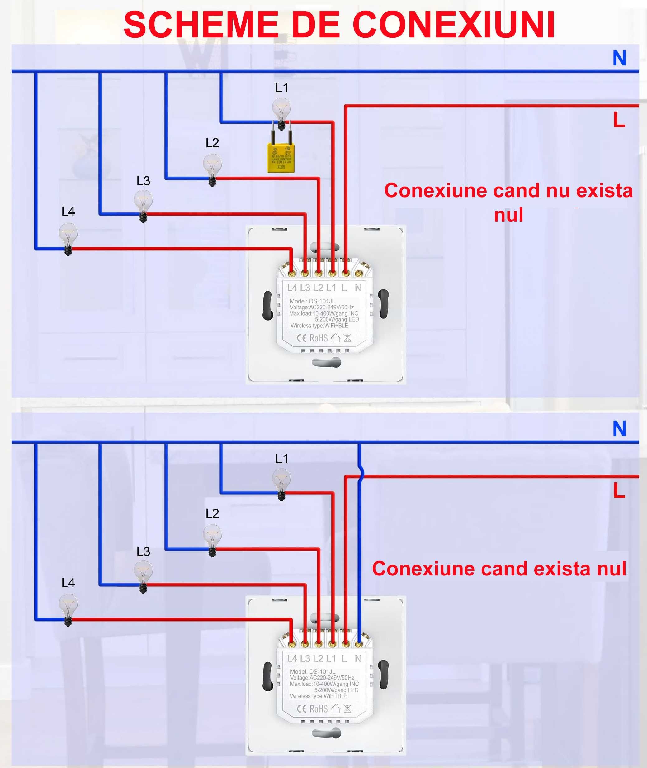 Intrerupator WiFi+BLE TUYA panou sticla cu/fara nul, cap scara