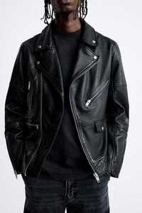Geaca piele naturala Zara S Leather Biker barbati neagra