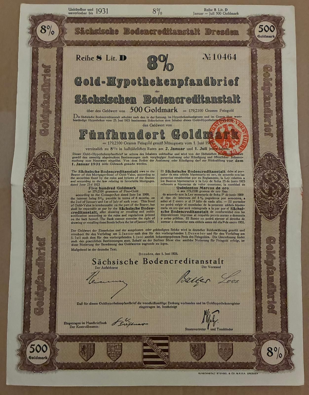 titlu stat 500 Goldmark  1926 Germania bond marci aur  neincasat