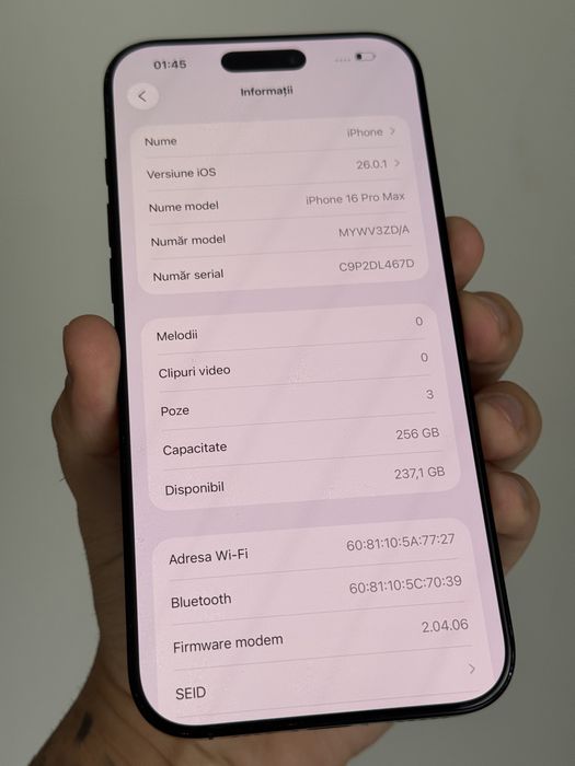 Apple iPhone 16 Pro Max, 256GB, 5G, Black Titanium / 100%Batt 2Cicluri