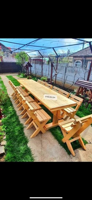 Set masa  cu  2 băncuțe  2 scaune  lemn  masiv terasa foișor