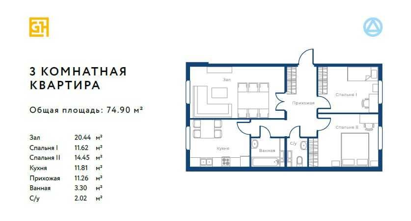 СРОЧНО! Продается 3 комнатная квартира ЖК Династия 75 м2 (96825)