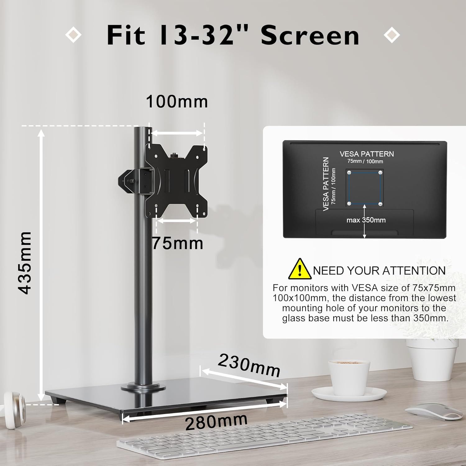 Suport Monitor BONTEC 13-32 Inch, Baza Sticla, Inclinare ±75°, Negru