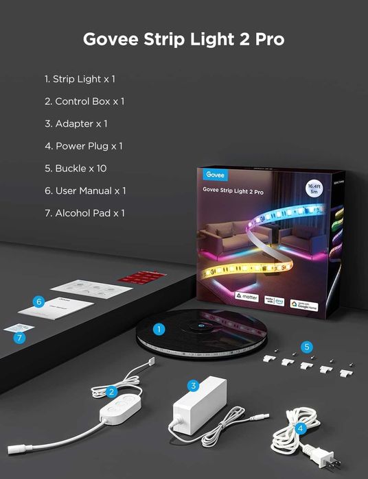 Govee Strip Light 2 Pro - Професионална RGBWWIC лента (5м, Matter)