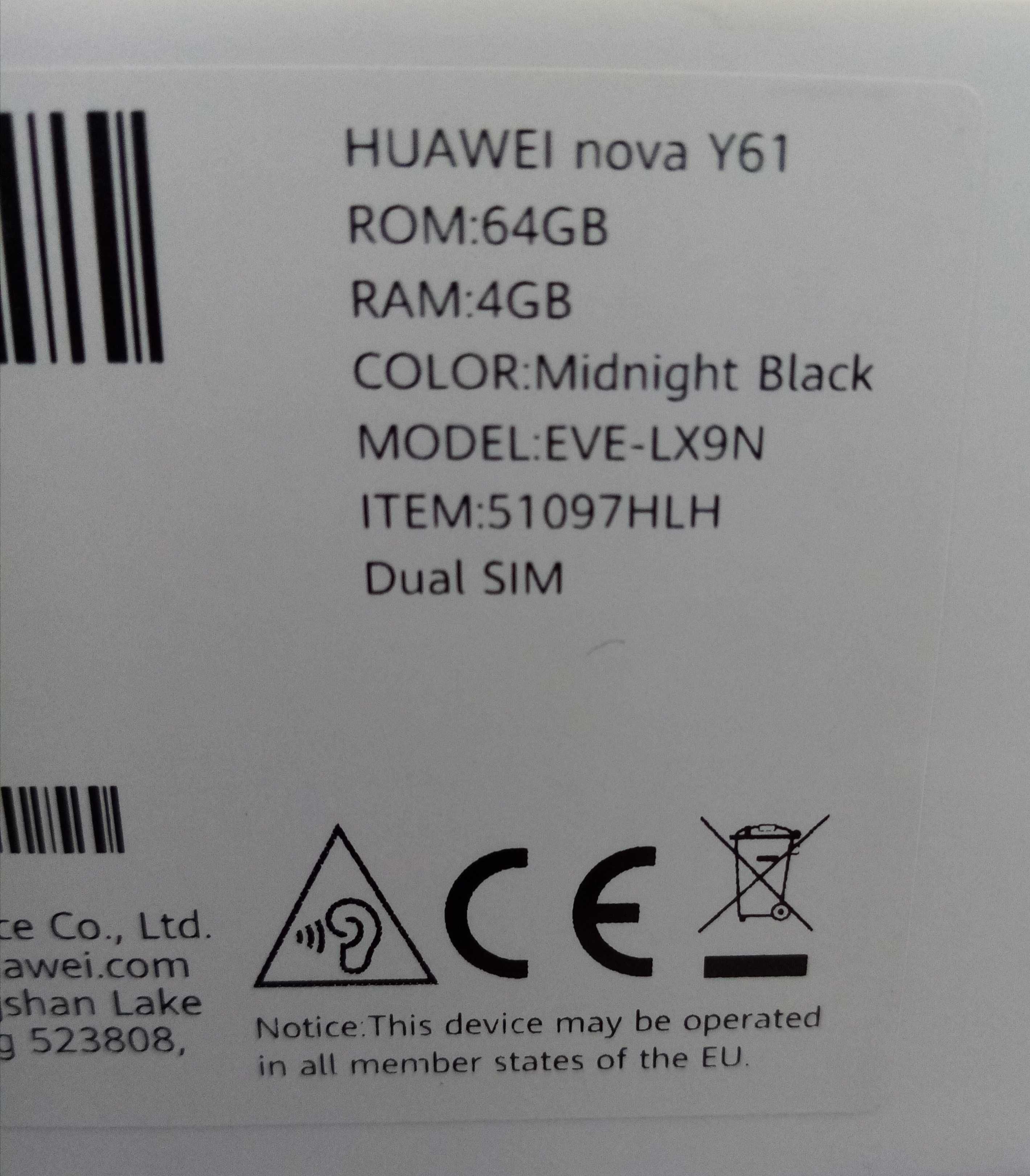 HUAWEI NOVA Y61, ROM 64 GB, RAM 4 GB, Dual SIM, Midnight Black