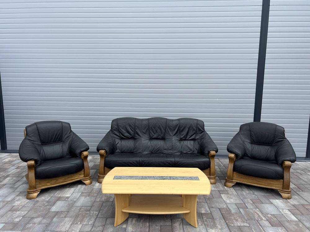 Set canapea canapele 3 - 1 - 1 Lemn Masiv + PIELE Naturala Rustic
