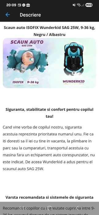 Scaun Auto ISOFIX  Wunderkid  9 -36 kg  im stare foarte bună 2 ani