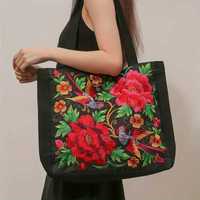 Красная холщовая сумка  с цветочной вышивкой