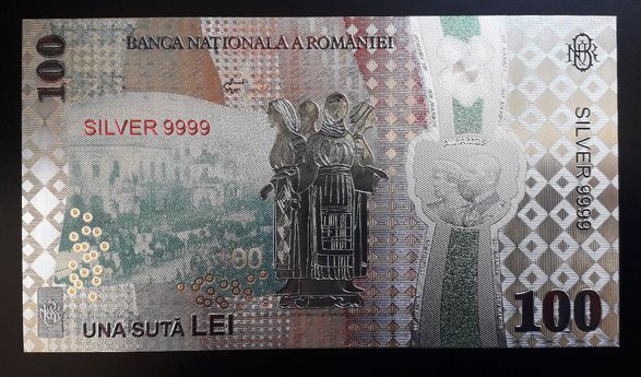 100 Lei 2018-Centenar-Bancnota polymer(plastic) placata cu Argint 999‰