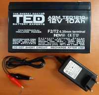 Set Acumulator 12V 10Ah cu Incarcator 12V 1A 12V 10A Plumb Acid TED