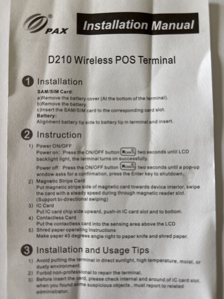 Продаю новый POS-терминал PAX D210 (VRLS Post Terminal