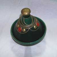 Vand bomboniera vintage din ceramica, verde cu auriu