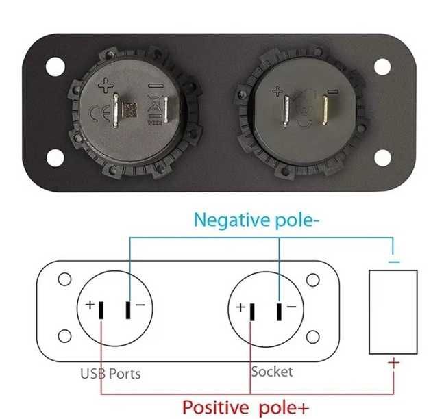 Волтметър с 2 USB порта, гнездо за забалка и кабел, панел 3 в 1