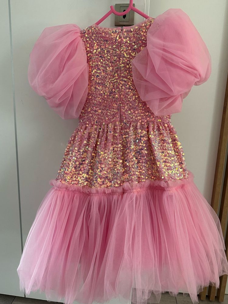 Rochie roz eleganta paiete si volane din tulle pentru fete - Skye
