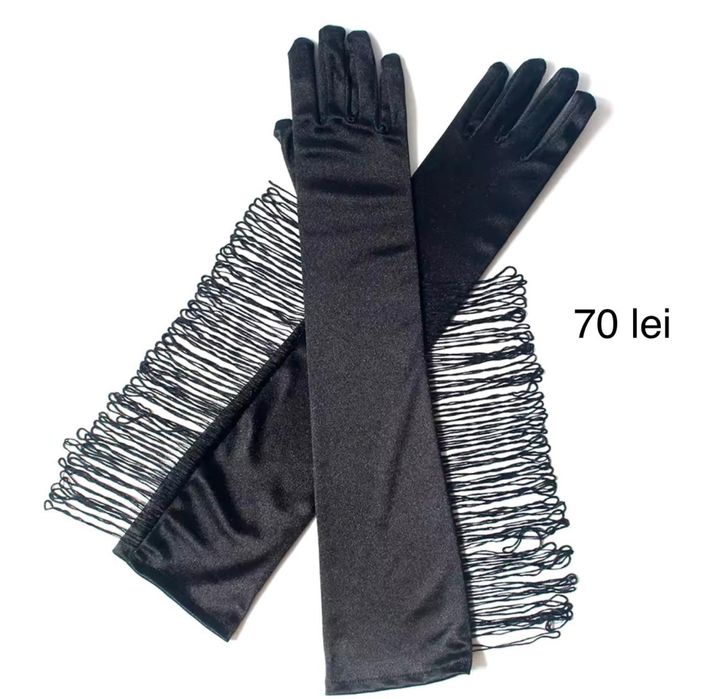 Manusi lungi cu PUF + Manusi lungi cu FRANJURI - negre / rosii