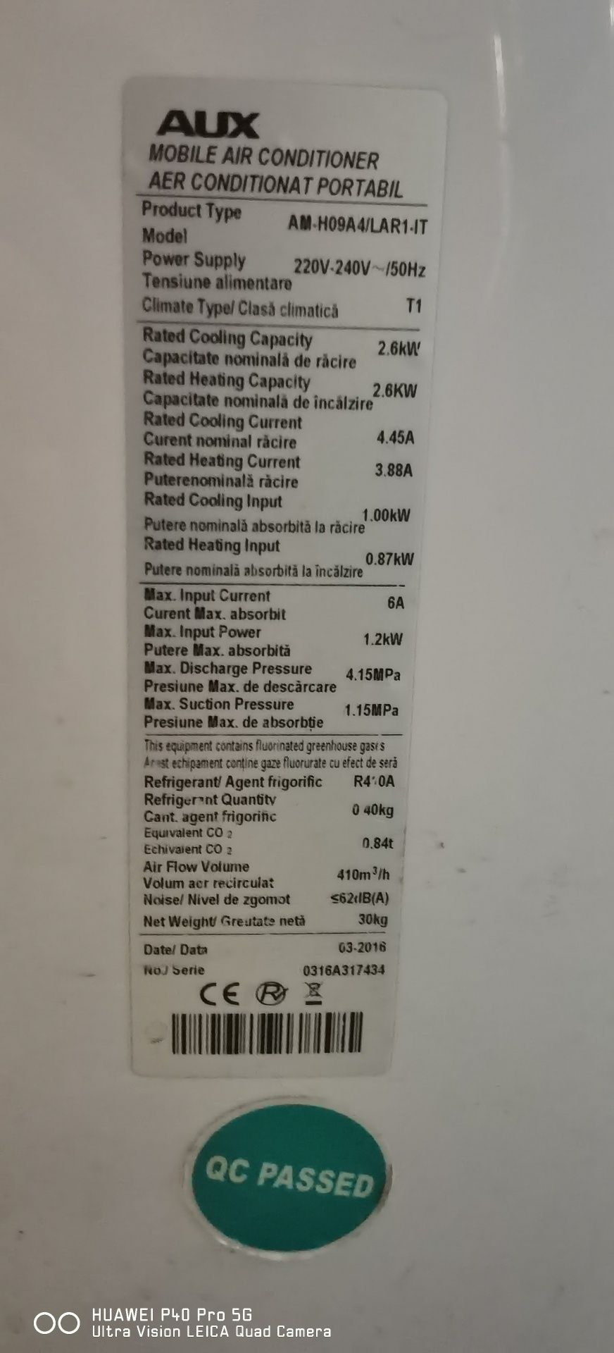 Aparat de aer conditionat portabil AUX H09 A4/R, 12000 BTU, Clasa A