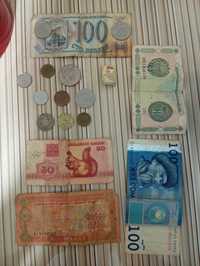 Бумажные деньги и монетки разных стран состояние среднее