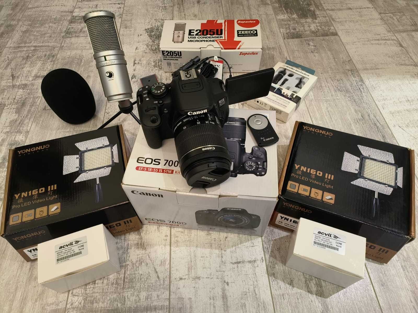 Kit complet foto/video DSLR Canon EOS 700D, lampi, trepied, microfoane