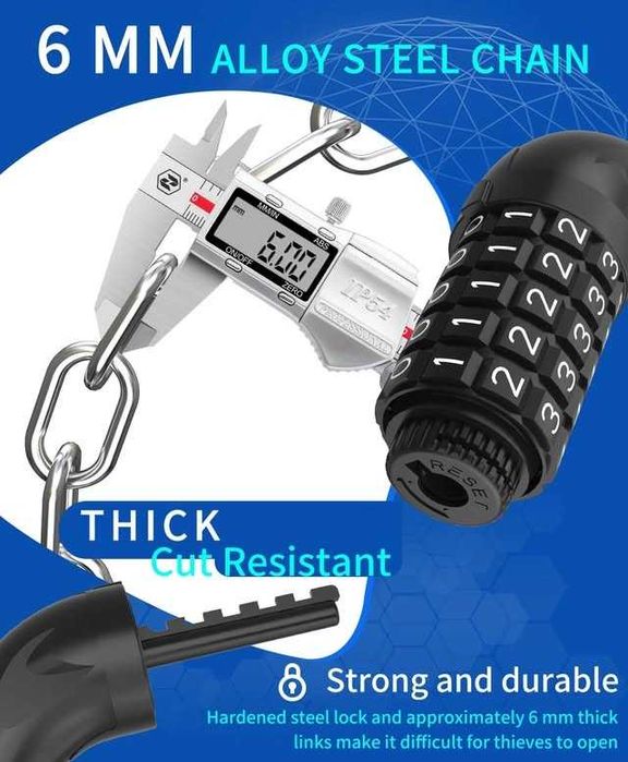 Lanț antiefracție pentru bicicletă cu cifru de 5 cifre